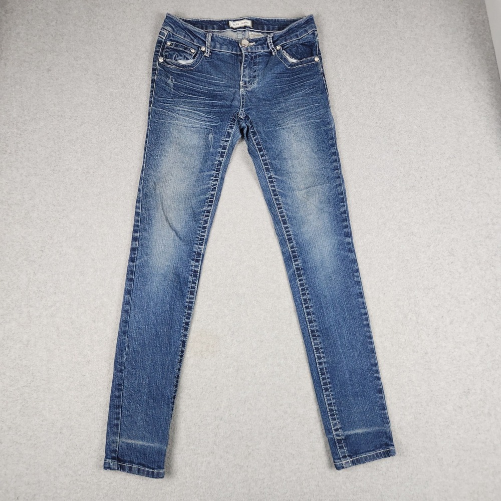 JC JQ Jeans Womens 5 Blue Denim Whiskered Medium Wash Contrast Stitch Skinny Leg